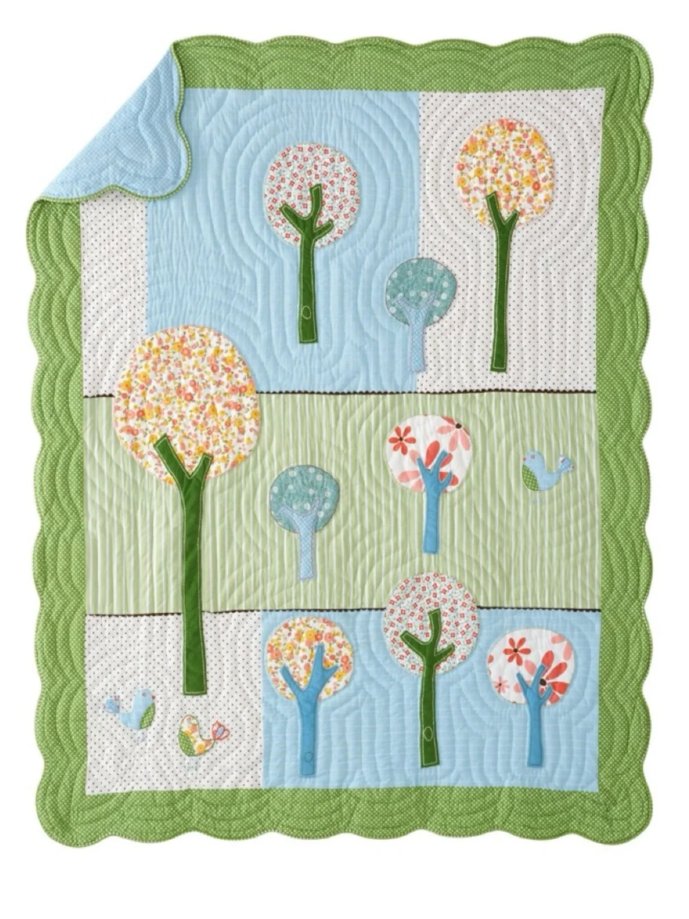 Retired Pottery Barn Kids Twin Brooke Patchwork Tree Quilt in Green, Blue & Pink